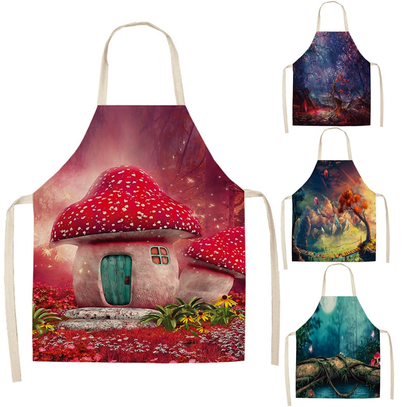 Delantal de cocina de bosque para hombre y mujer, delantales de lino y algodón sin mangas con estampado de árbol de fantasía, Herramientas de limpieza para el hogar