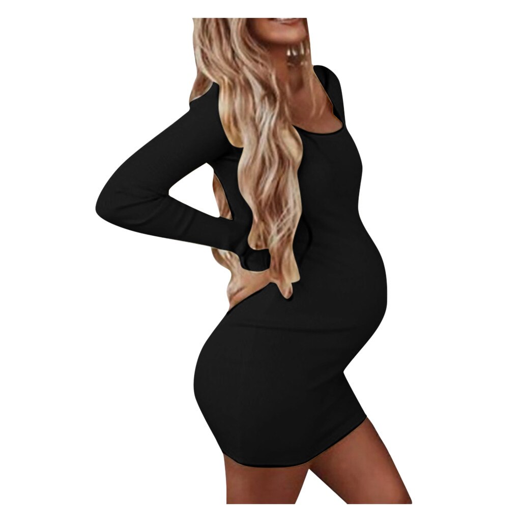 Vestidos de invierno para mujeres embarazadas, ropa de maternidad, cuello redondo, manga larga, sólido alto, elástico, suave, n. ° 4: Black / S