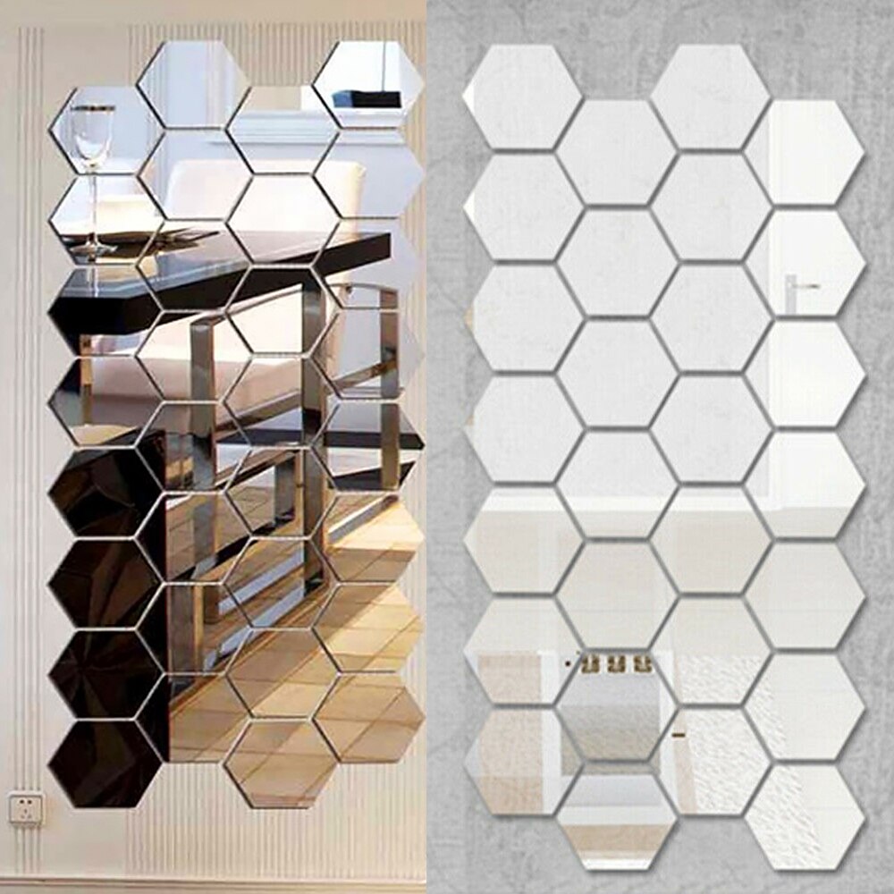 Pegatinas de espejo hexagonales geométricos 3D, decoración de pared, decoración de espejo acrílico, pegatina, bricolaje, impermeable, 48 Uds.: Default Title