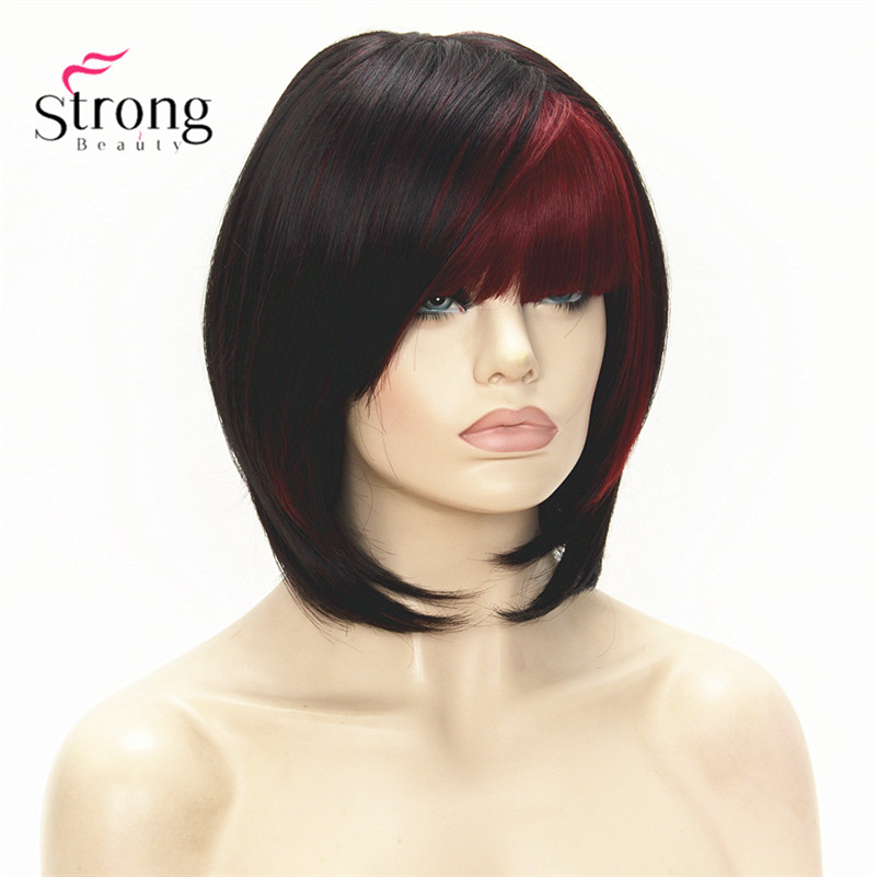 StrongBeauty Kurze Gerade Braun Hervorgehoben Bob Seite Gefegt Pony Synthetische Perücke FARBE ENTSCHEIDUNGEN: H-WG1200 HF3400