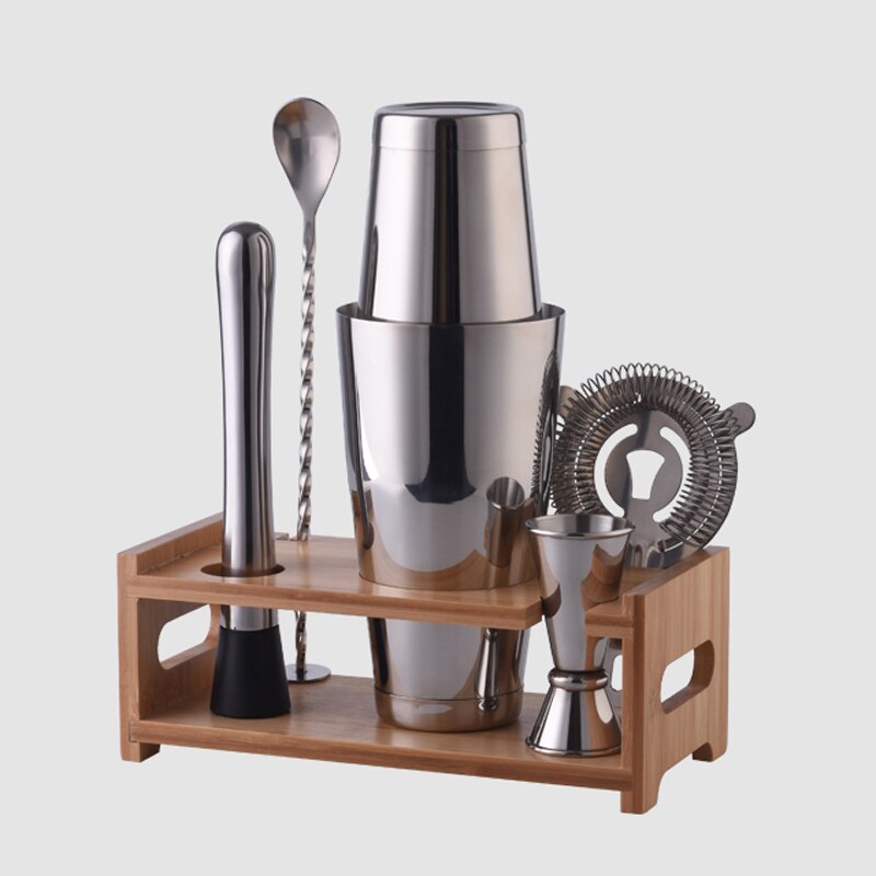 OAPE-Coctelera de acero inoxidable Boston, accesorios para camarero, barra de soporte de madera de bambú, 28oz, 600/800ml: 7pcs Bamboo Wood Set
