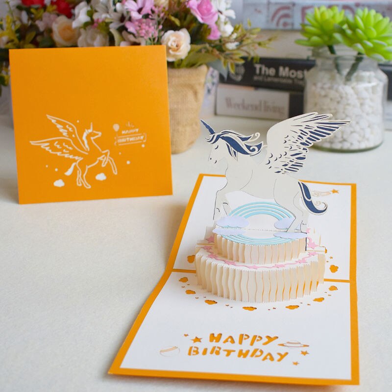 3D Pop-Up Cards Birthday Card For Girl Kids Wife Husband Birthday Cake Unicorn Bear Merry-go-round Greeting Card: Unicorn Gold