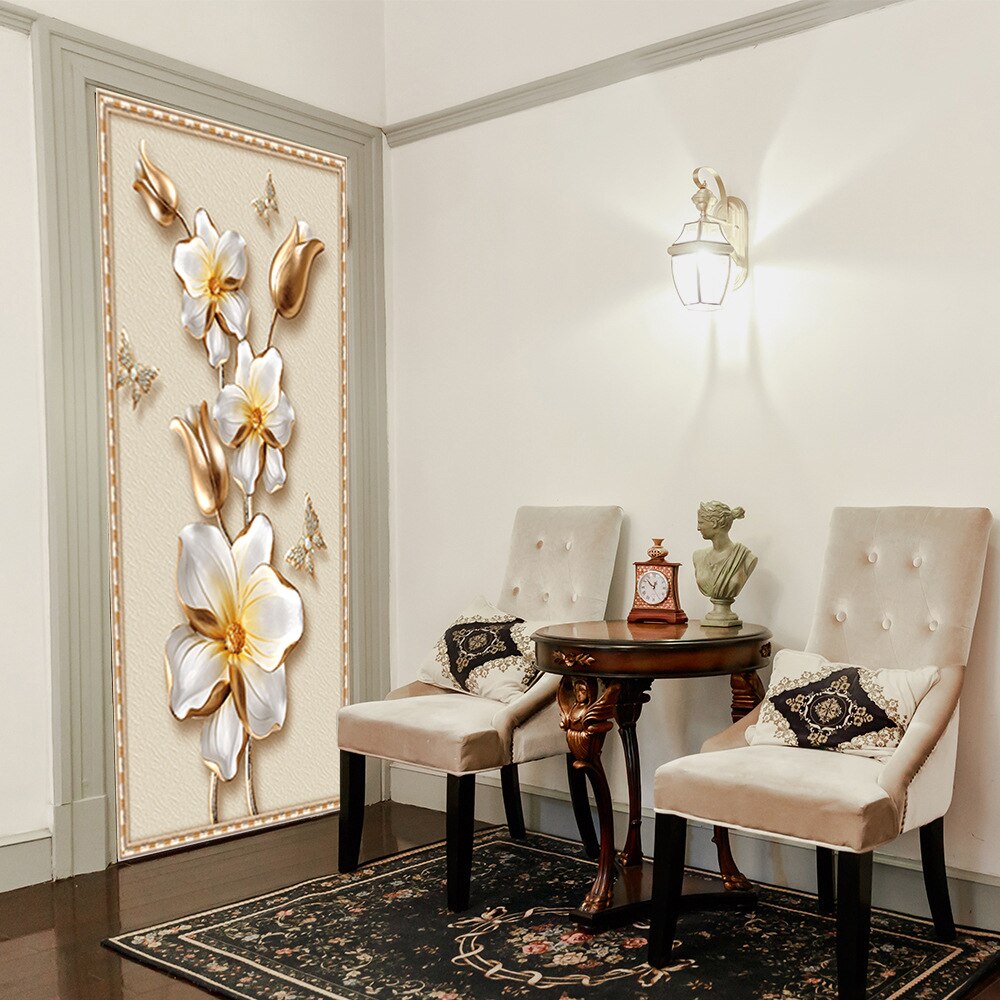 European Style 3D Golden Flowers PVC Door Sticker Self-Adhesive Poster Wallpaper DIY Home Mural Decals Living Room Bedroom