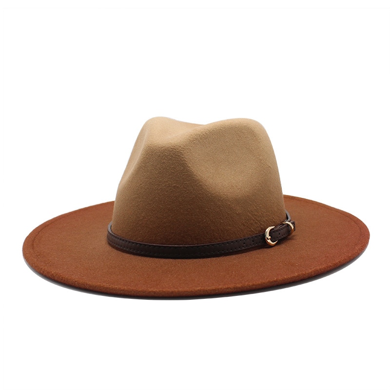 Two-color gradient Wool Felt Fedora Hats with Thin Belt Buckle Men Women Large Brim Panama Trilby Jazz Cap: caramel