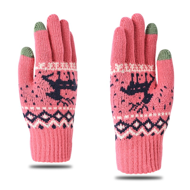2022 Mens Winter Gloves Thicken Warm Knitted Gloves Unisex Touchscreen Elk Pattern Plus Velvet Outdoor Cycling Cold Gloves: Red