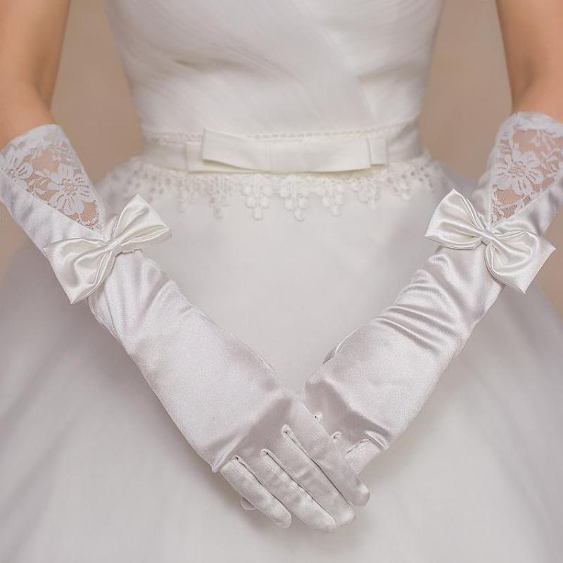 Bruiloft Accessoire White Lace Lange Bridal Handschoenen Satijn Volledige Vingers Bruiloft Handschoenen Met Boog Luva De Noiva