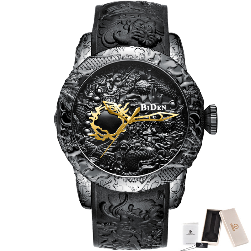 Reloj de cuarzo con escultura de dragón 3D para hombre, cronógrafo de oro negro, resistente al agua, esfera grande, , de pulsera, grabado en 3D: BOX SET 3