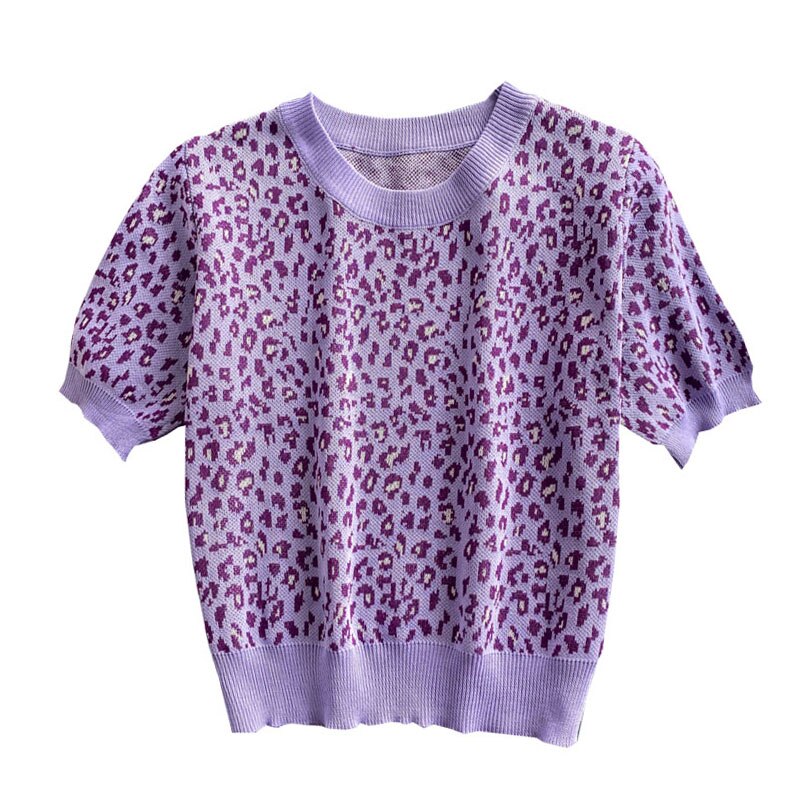 Style Hong Kong Style Retro Chic Loose Wild Leopard Print Soft Short-sleeved Sweater Short Top Women sweater women