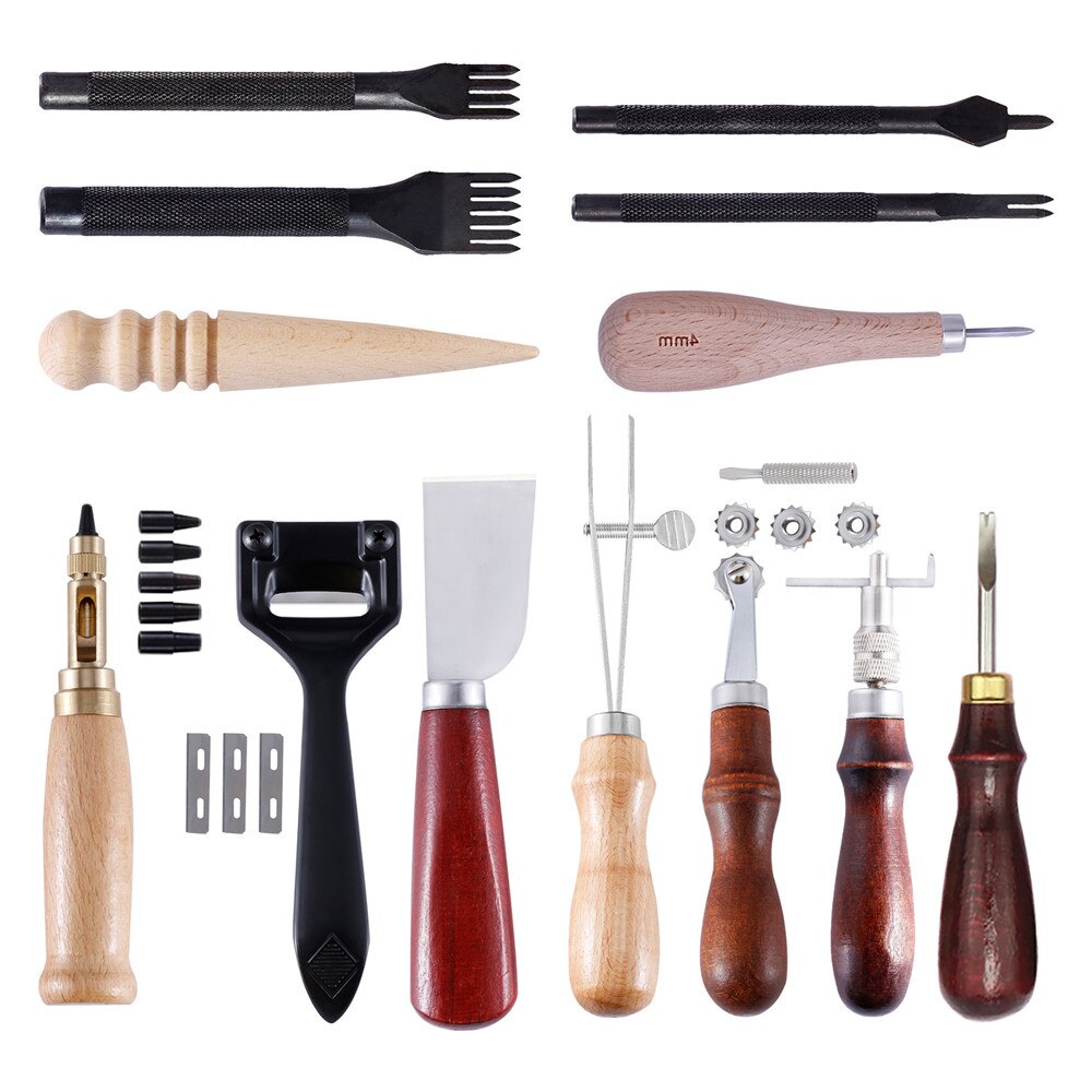 Leather Craft Punch Tools Set Kit Stitching Carving Working Sewing Saddle Groover Leather Crafts Tools Skiving Knife