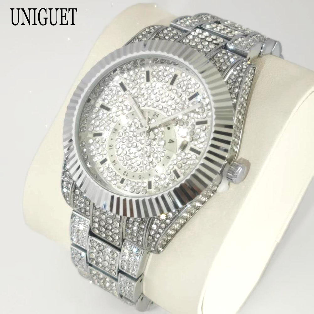 Luksus guldure herremærke unikuet hiphop fuld diamant bling smykkeur herre vandtæt kvarts armbåndsur reloj: Bronze