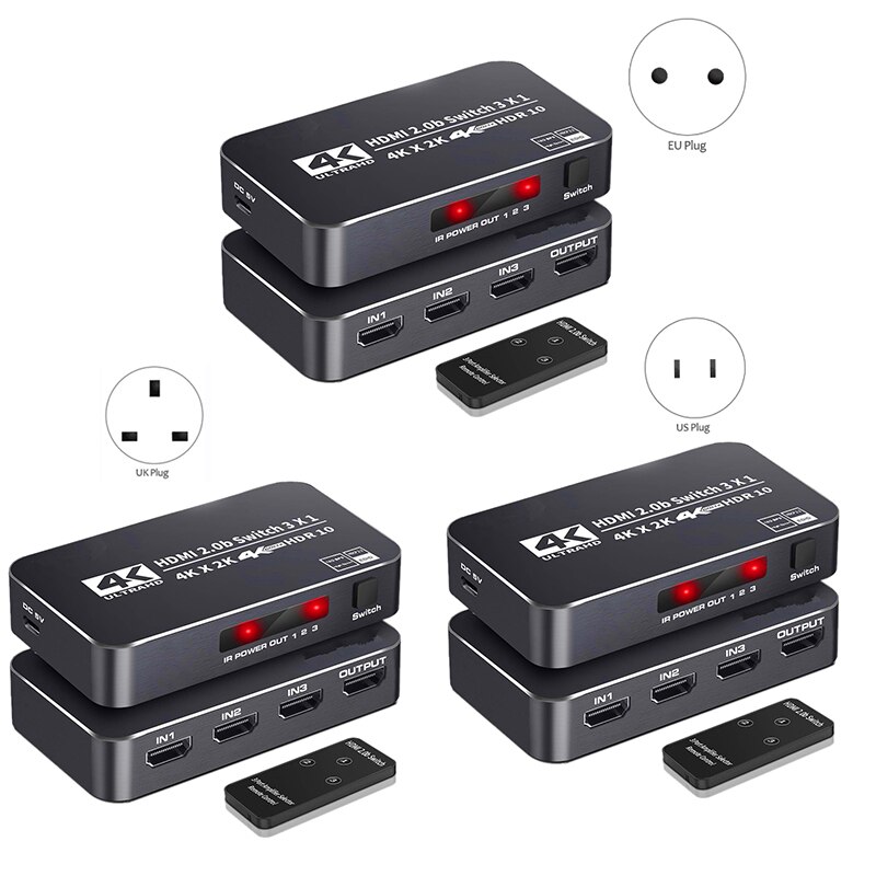 4K HDR HDMI Switch 3 Ports HDMI 2.0 Switcher Selector with IR Wireless Remote, Supports UltraHD Dolby Vision
