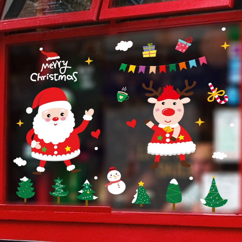 [shijuekongjian] Father Christmas Window Stickers DIY Deer Tree Wall Decals for Living Room Shop Glass Year Decoration