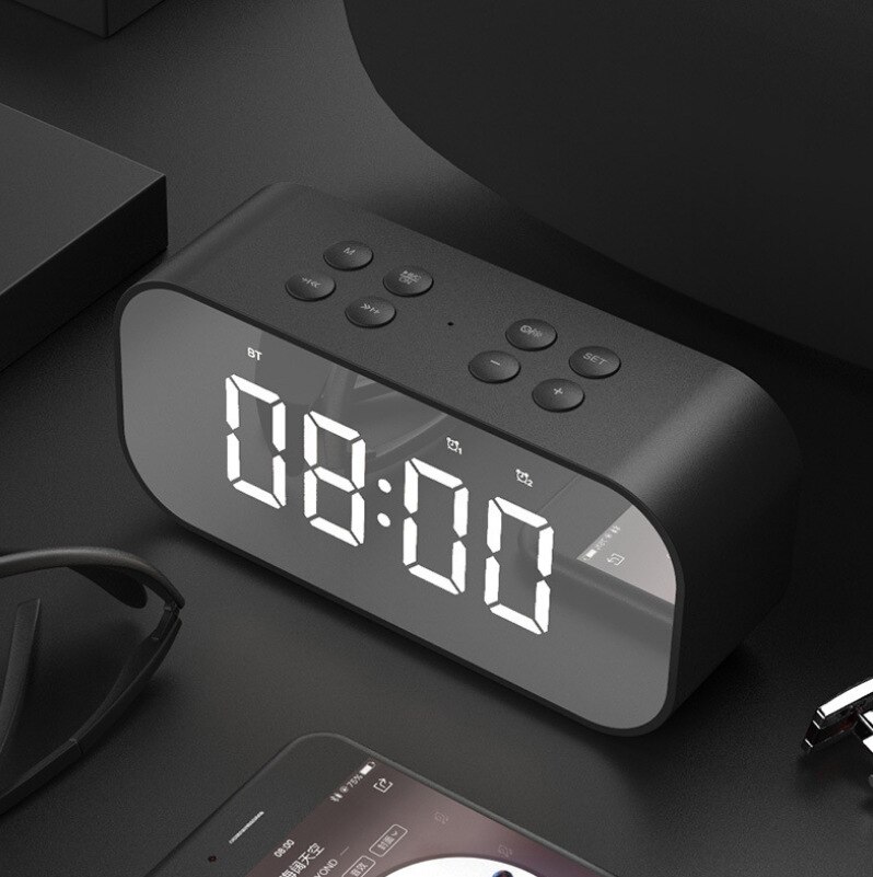 Alarm Clock Digital with Snooze Function Wireless Bluetooth Speaker Alarm Color Luminous Led Mirror Reveil: Black