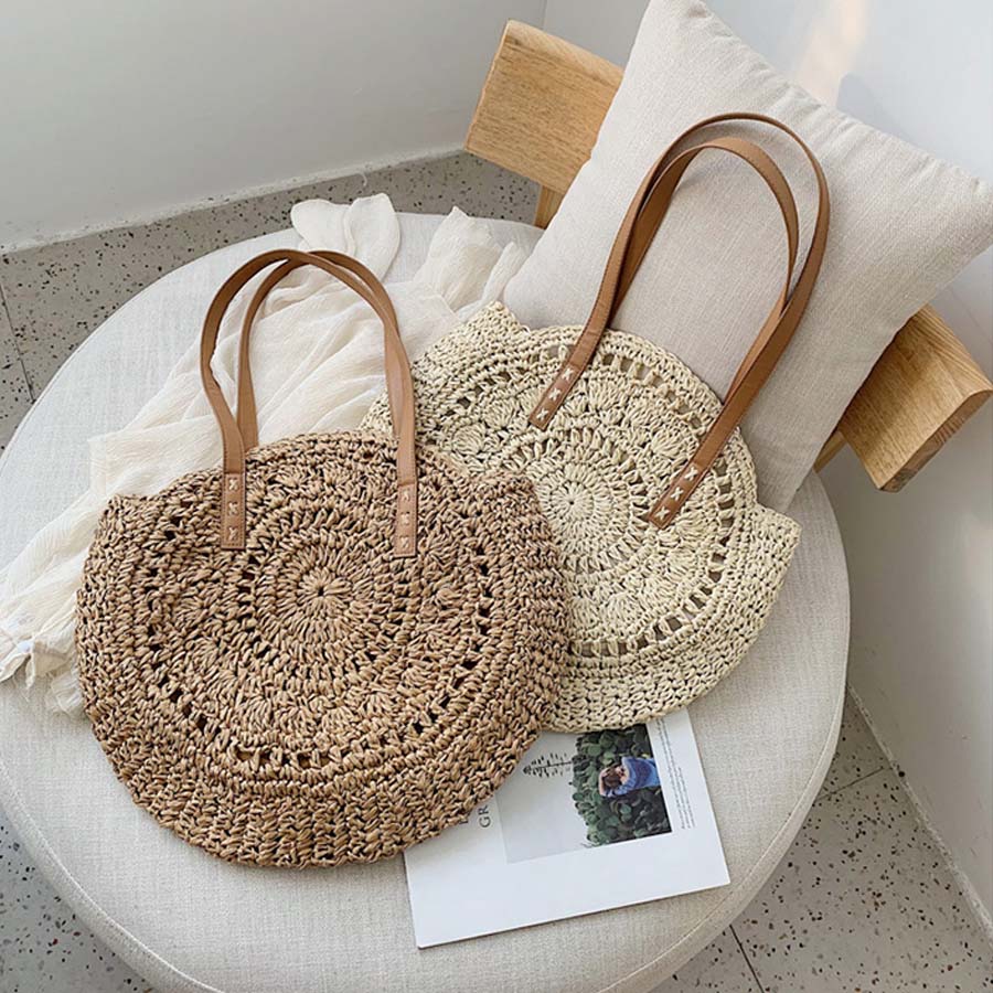 Casual Rattan Women Shoulder Bags Circle Straw Handbags Big Capacity Handmae Summer Tote Lady Round Bohemian Beach Treval Sac