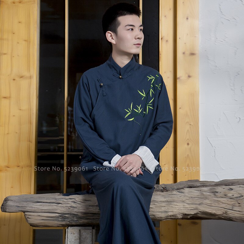 Qipao tradicional de estilo chino para hombre, Túnica suelta, ropa Oriental, camiseta de Kung Fu, traje Tang, trajes de vestido largo Hanfu