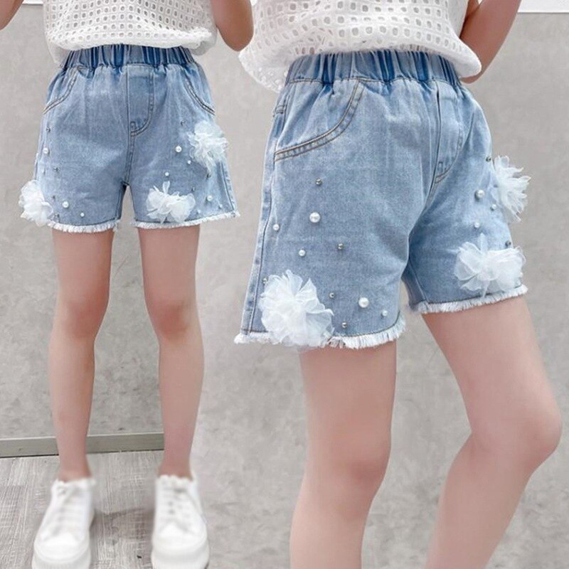 Baby Meisje Jeans Prinses Elastische Taille Parel Kant Bloem Denim Shorts Party Kid Kinderen Zomer Kleding Voor Meisje