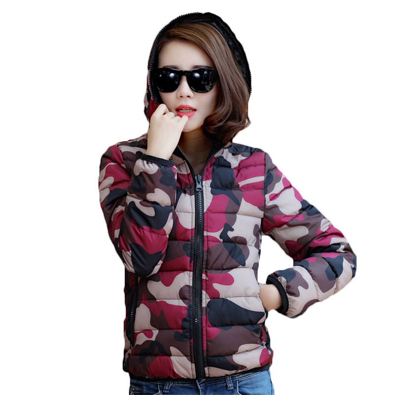 Chaquetón de invierno , chaquetas cortas de algodón con plumas de camuflaje para mujer, abrigo de invierno con capucha, abrigo de talla grande de algodón cálido, ropa 874