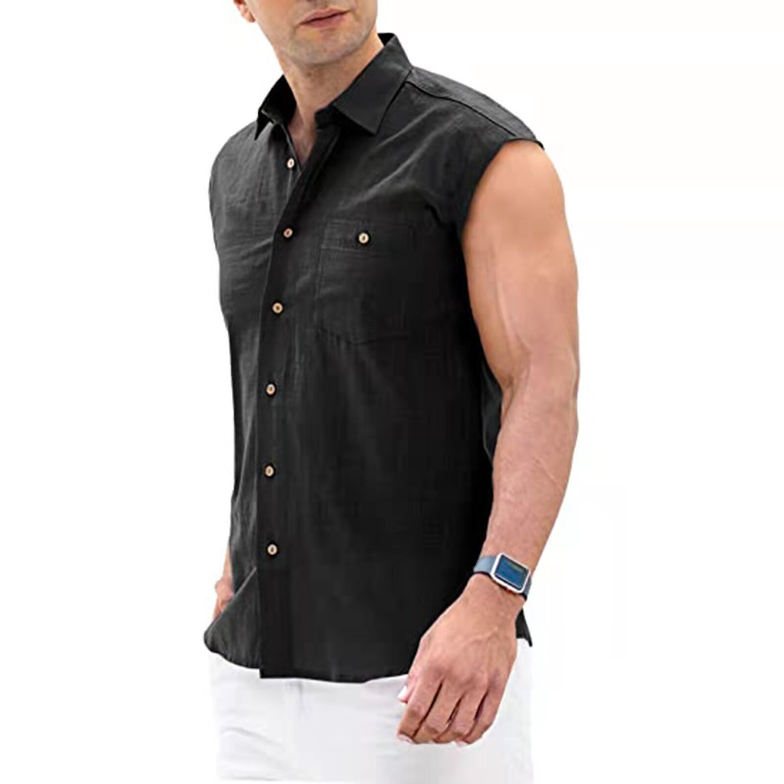 Nouvelle chemise d'été pour hommes, nouvelle , sans manches, solide, col rabattu, boutonné, lin, coton, hauts hommes Harajuku Streetwear