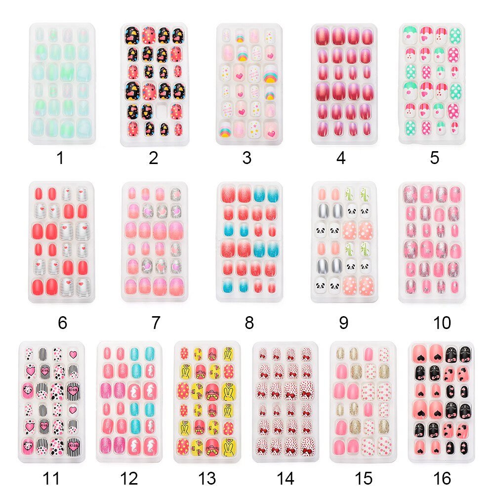 24 pièces dessin animé auto-adhésif faux ongles presse sur ongles enfant couverture complète détachable réutilisable acrylique bâton sur faux ongles