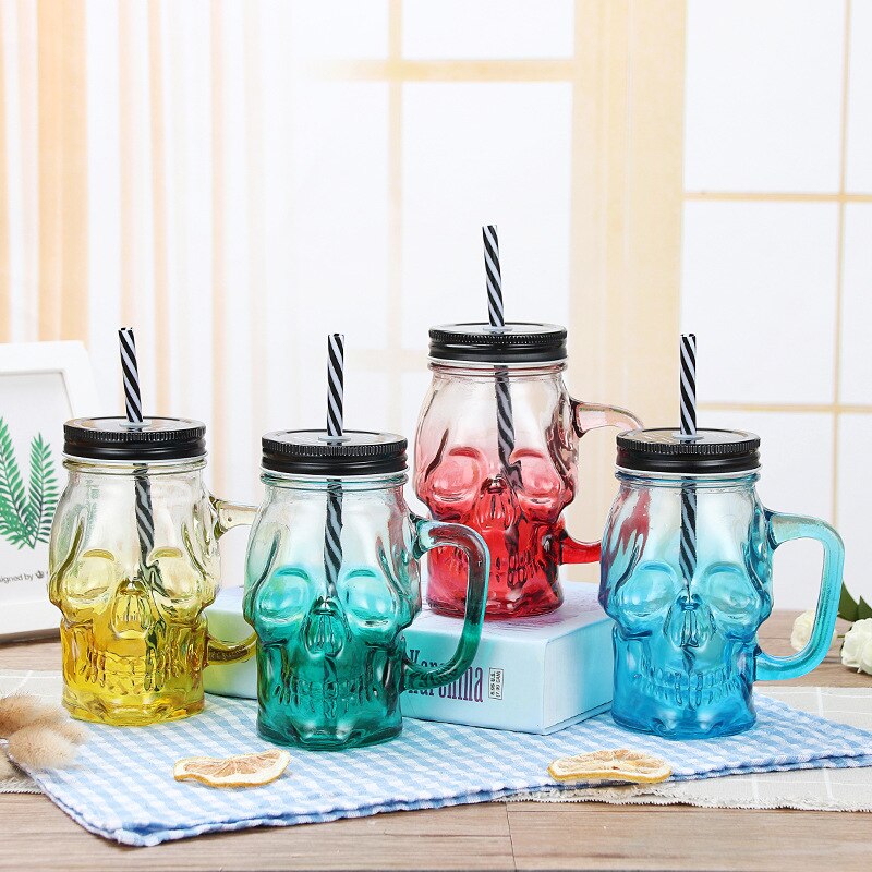 Verre avec couvercle et paille pour tête de mort, pot de maçon à large bouche, gobelet de 16oz