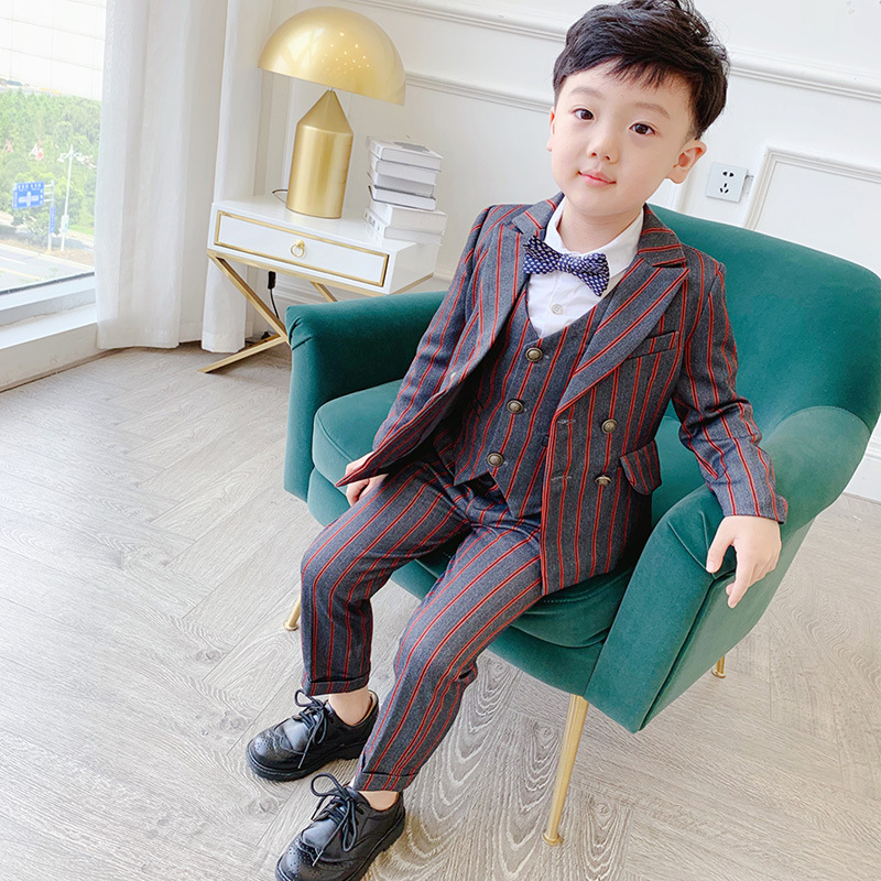 Pojkar formell kostym set barn randiga kavajväst byxor 3 st klädeset barn smoking för bröllopsfest prestanda kostym: Röd 3 st / 2t