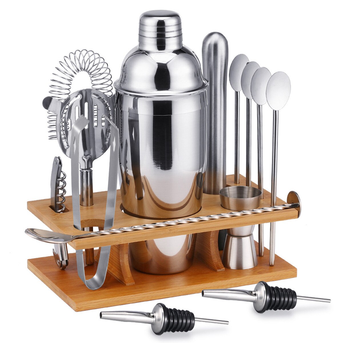 14pcs 550/750ml 304 Stainless Steel Cocktail Shaker Set Barware Kit with Bamboo Wine Rack for Bartender Drink Party Bar Tool Set: 750ml