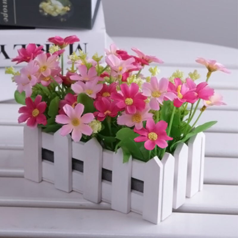 1 Set White Wooden Fence Artificial Flower Floral Artificial Plants Holder Home Garden Decor Ornament: 01