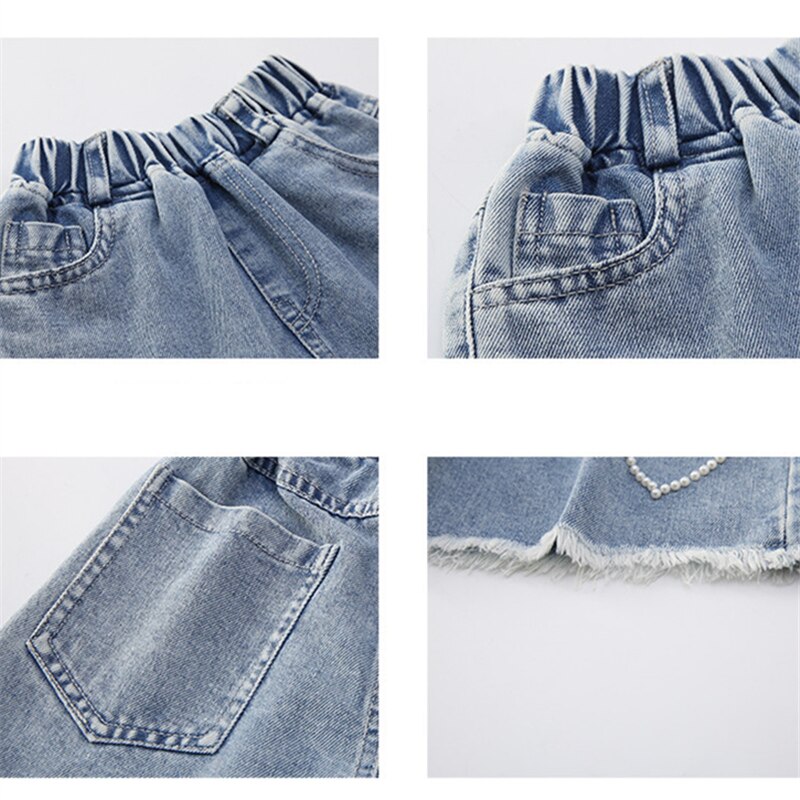 Mini short d'été en coton Denim pour filles, pantalons pour enfants au-dessus du genou, Jeans avec perles pour enfants de 5, 7, 9, 11, 13 et 14 ans