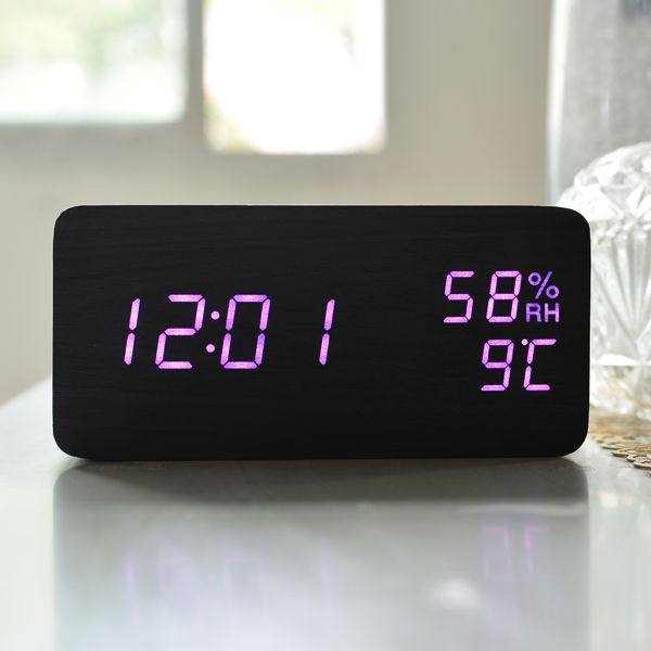 FiBiSonic Modern Simple LED Alarm Clock Temperature Humidity Show Clock Desktop Electronic Sound Control Digital Clocks Table De: black purple