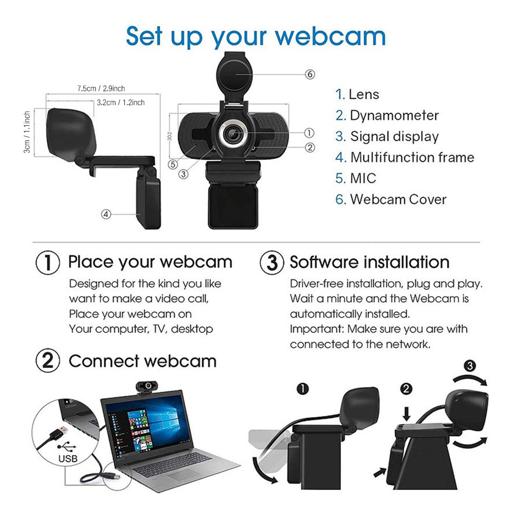 Webcam full hd 1080p com foco manual, câmera para computador com clipes universais, compatível com laptops, desktops e monitores, com microfone.