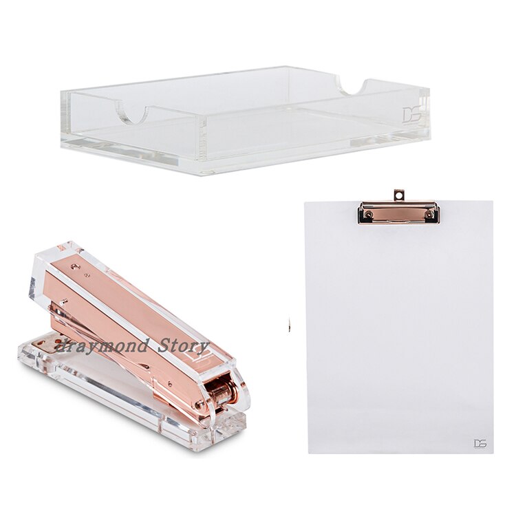 3pcs/setClear Memo Pad Note Holder+ Clear Acrylic Clipboard+Acrylic Stapler desk kit