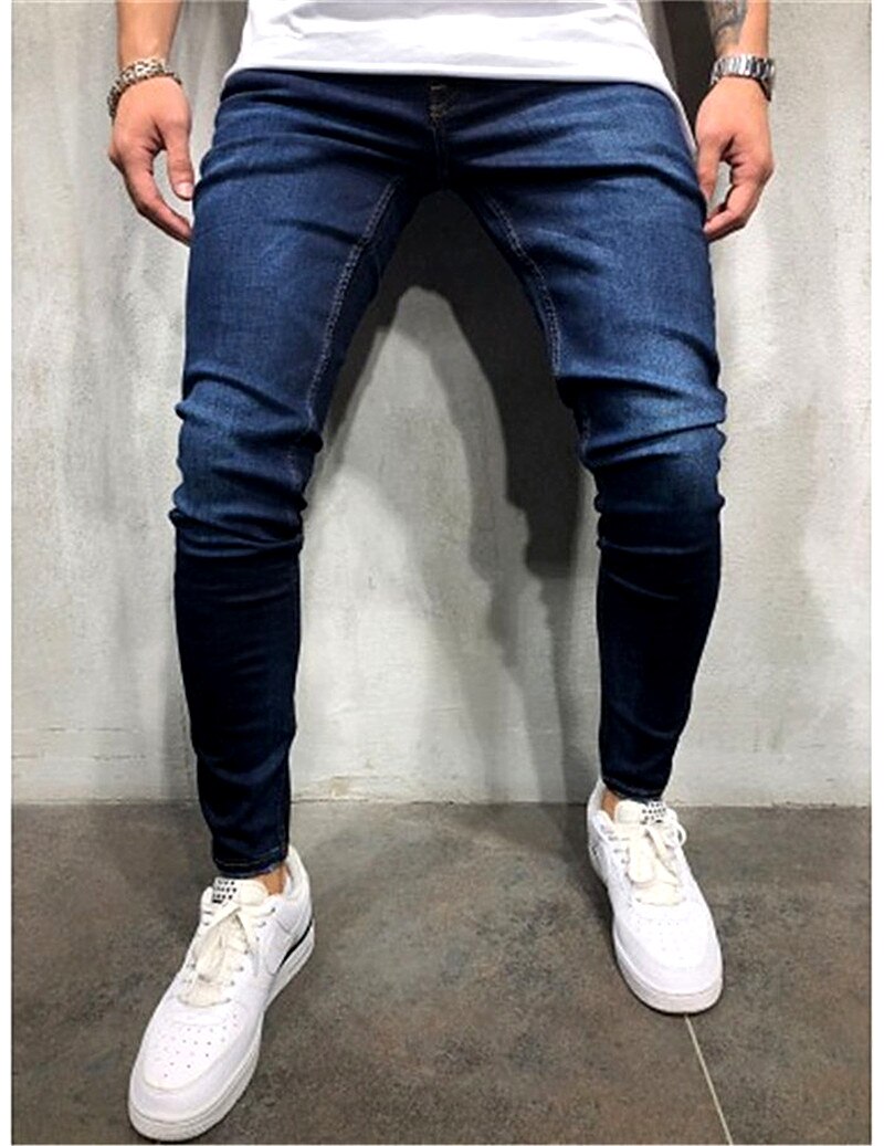 'herrejeans ensfarvede afslappede små fødder hip hop mænds vaskede denimbukser ripped jeans solide blyantbukser
