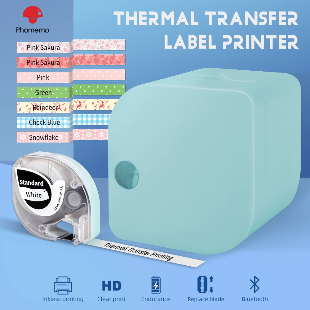 Phomemo Printer Transfer Thermal Printing With 4 Rolls White Label Tapes Mini Impresora Label Maker Using Organization: 1 Green Printer