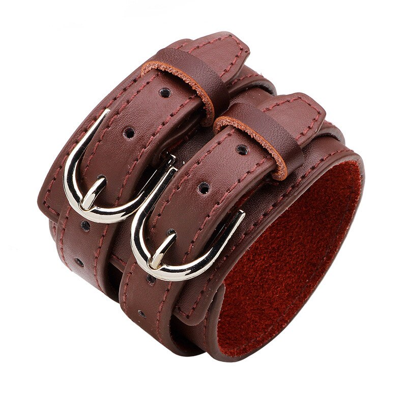 3 couleur Double ceinture en cuir poignet amitié grand large Bracelet pour hommes boucle Vintage Punk bijoux pour YWQR2300: brown