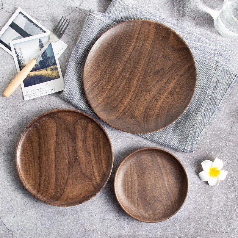 Assiettes rondes en noyer noir, vaisselle en bois, pour dîner, Dessert, thé, stockage des aliments