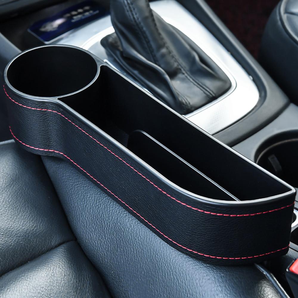 Organizador para espacio de asiento de coche con hendidura, receptor de bolsillo, caja de almacenamiento de cuero PU, soporte para botellas de teléfono, accesorios para interior de coche: black left