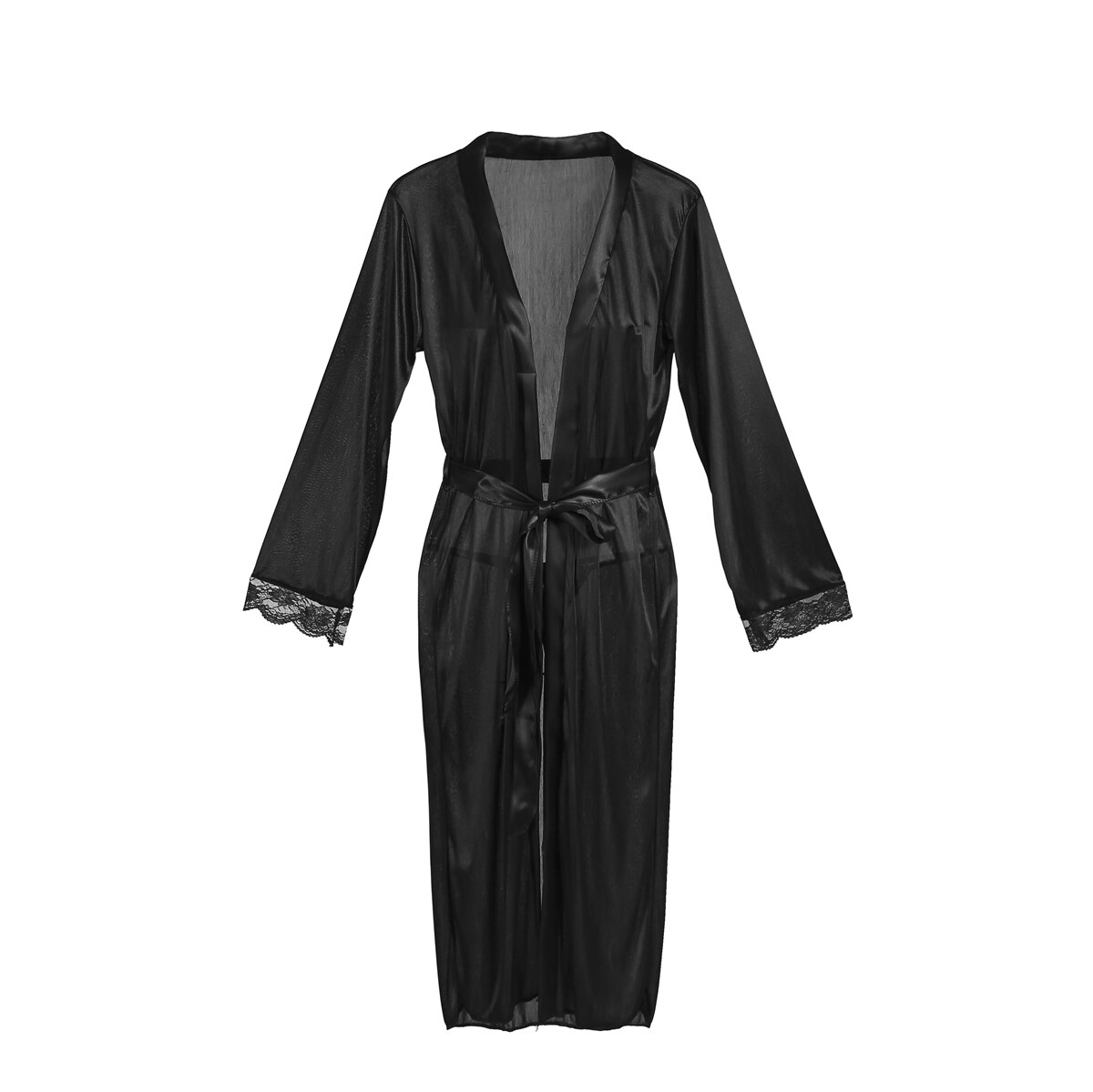 Women Spring Satin Lace Trimmed Robe Lady Solid Color Mid Calf Lace Gown Sleepwear Kimono Dress