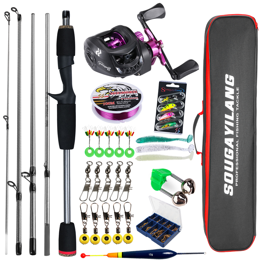 Sougayilang-caña de pescar Baitcasting y carrete, Kit completo de caña de 5 secciones y carrete de aluminio para juego de pesca de lubina de agua dulce: Morado /  Opción2