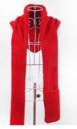 3 in 1 Women Winter Hood Scarf Hat Glove Set Warm Soft Snood Pocket Hooded Srarves Women Scarf Hat Glove For Girl: red
