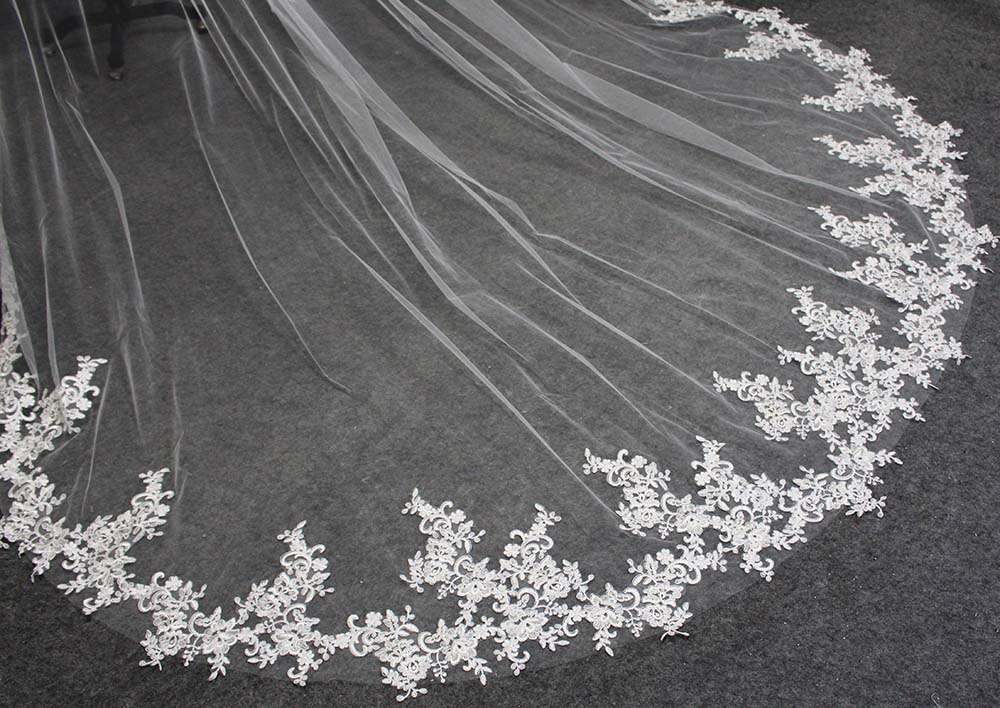 Długi welon ślubny z koronkowymi aplikacjami i grzebieniem, 3- metrowy welon ślubny katedralny, jednowarstwowy, biały welon w kolorze kości słoniowej, dodatki ślubne