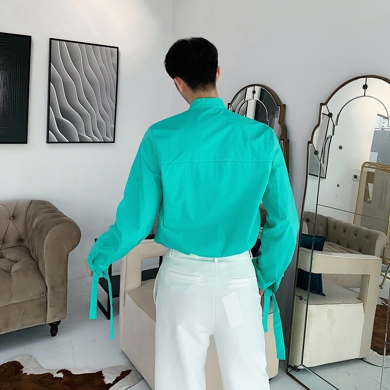 Mannen Mode Strik Tie Lange Mouwen Losse Geel Shirt Party Dress Shirt