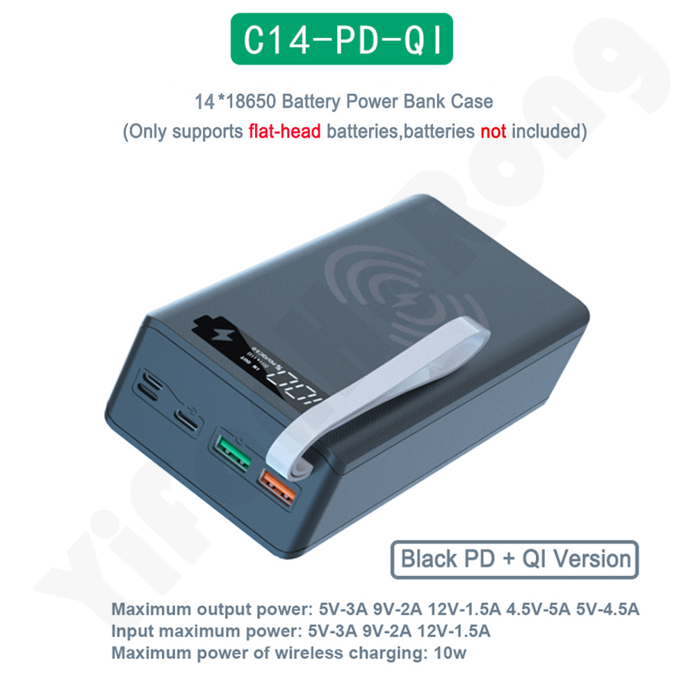 C14 18650 Batterij Houder Opladen Doos Pd Snelle Qi Draadloze Oplader Usb Type C Diy Power Bank Case 14*18650 Batterij Opbergdoos: Quick Wireless Black