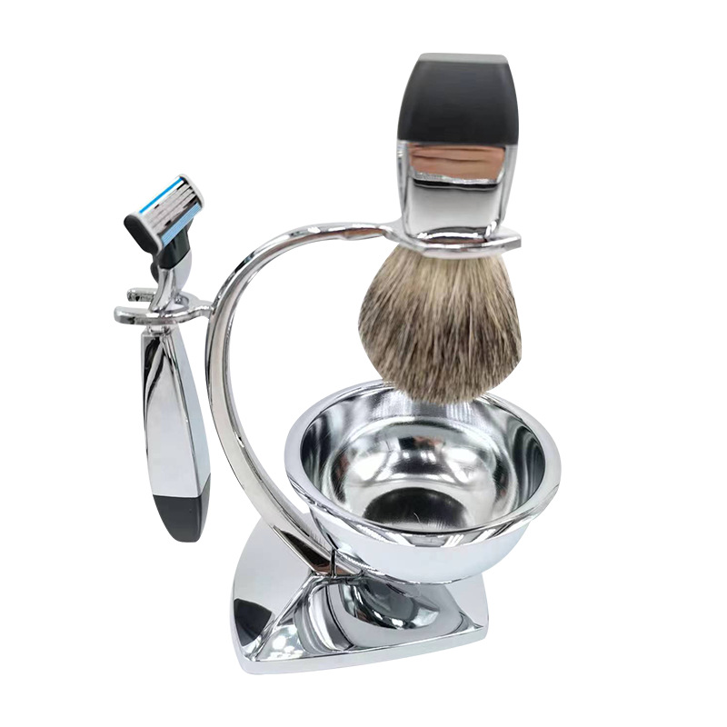 Juego de brochas de afeitar Premium para hombre, maquinilla de afeitar y cepillo de pelo, soporte para jabonera y cuchilla Manual de 3 capas