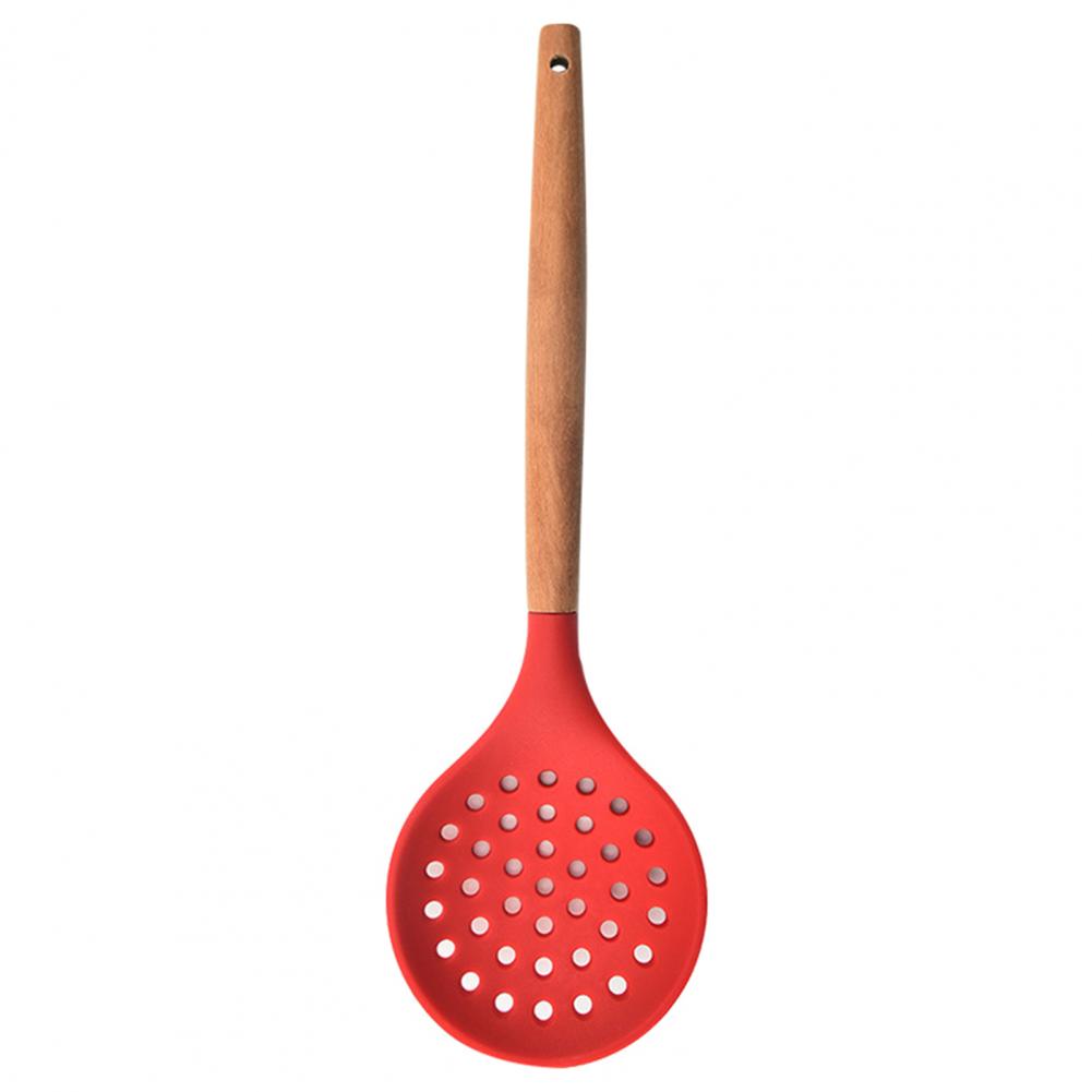 Wooden Handle Non-Stick Kitchen Silicone Strainer Spoon Skimmer Strainer Filter Baking Cooking Serving Utensils Set cocina: Red