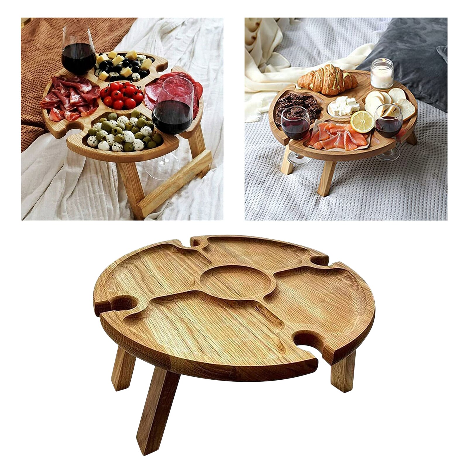 Wooden Outdoor Folding Picnic Table with Glass Holder, Outdoor Portable Picnic Table, 2in1 Wine Glass Rack &amp; Compartmental Dish