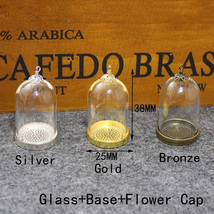 2 PCS Kleine Prinz Rose Glas Dome Mit Anhänger Basis & Top Metall Kappe Glas Fläschchen Halskette anhänger Diy Schmuck finden: Gold Base-FlowerCap