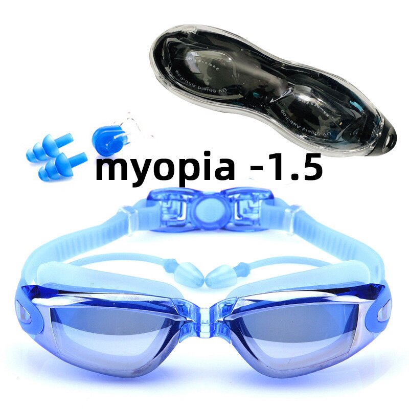 Aikuisten uimalasit vedenpitävät uimalasit puku hd anti-fog 100%  uv säädettävät silmälasit uima-altaisiin: Sininen likinäköisyys  -1.5