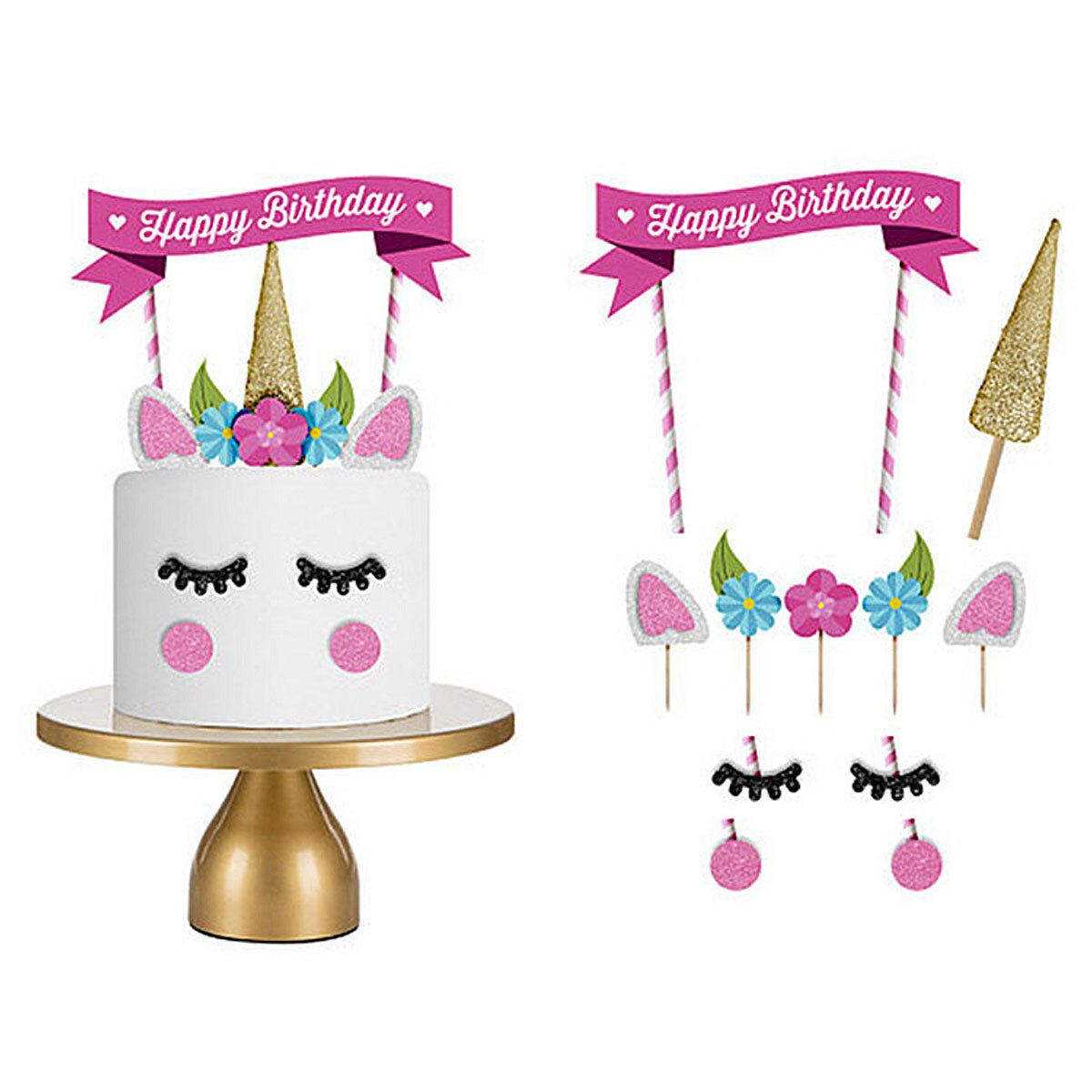 Gelukkige Verjaardag Houten Cake Vlaggen Handgemaakte Roze Eenhoorn Bakken Decoratie Kinderen Party Cupcake Baby Decor Meisje Caleidoscoop