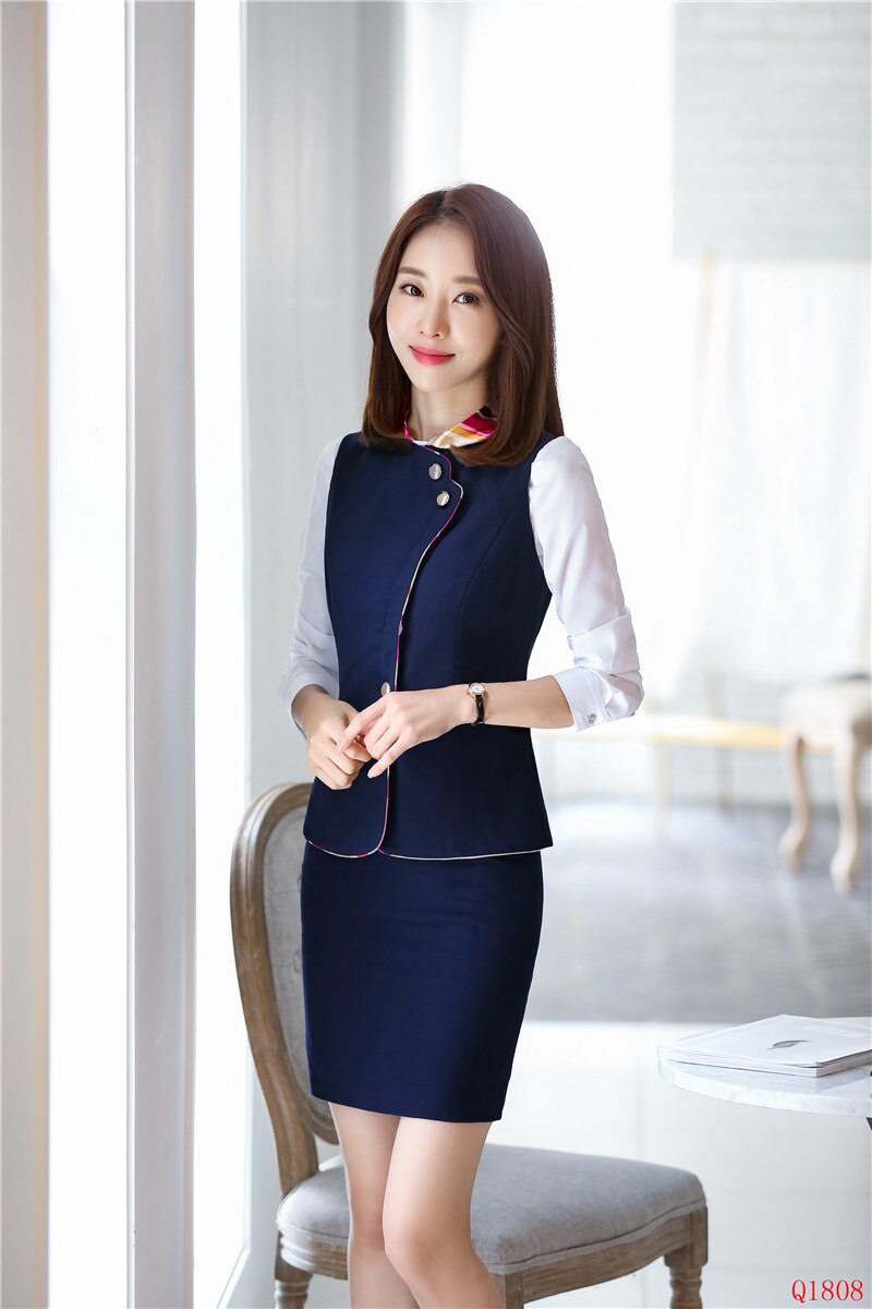 Formal Two Piece Women Business Suits with Skirt and Tops Sets Work Wear Ladies Waistcoat & Vest Navy Blue