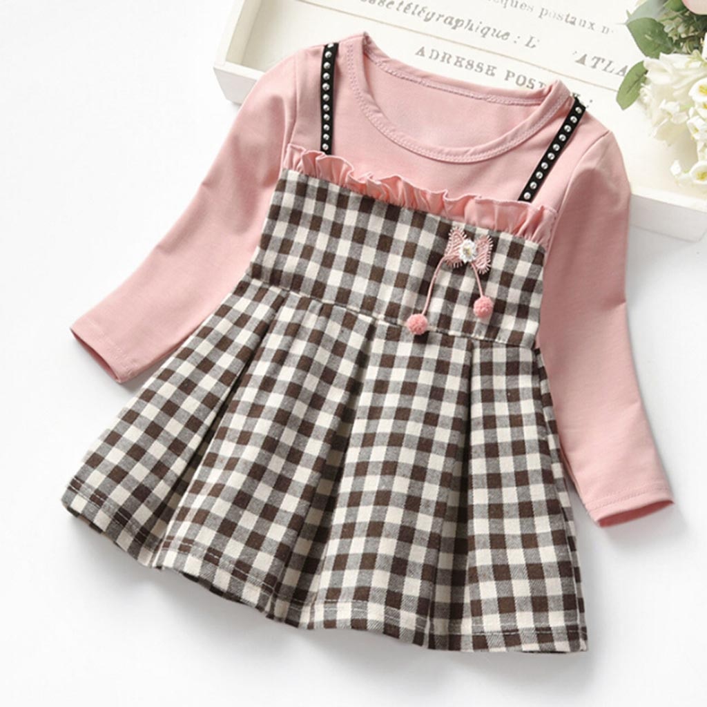Baby Kids Girls Dress Long Sleeve Ruched Plaid Patchwork Strap Faux Twinset Princess Dress Clothes Toddler Kids Dresses For Girl